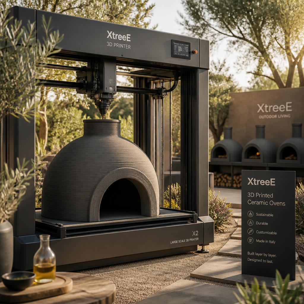 A large 3D printer printing a ceramic pizza oven in an outdoor European reseller garden